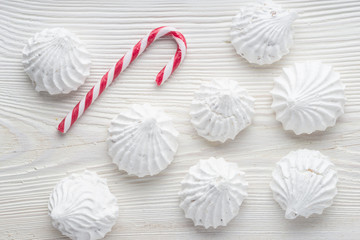 French vanilla meringue cookies close up white christmass background.