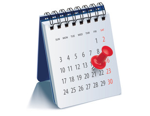 Red pushpin on calendar page for remind and marked important events. Realistic vector 3d illustration