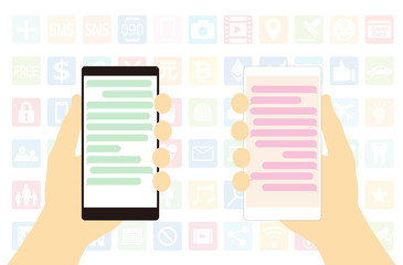 白と黒のスマホを持つ手と様々なアプリ