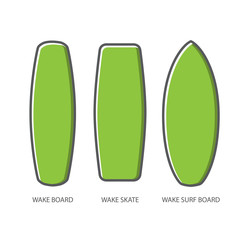 Wake board, wake skate, wake surf icon set. Water extreme sport vector equipment. Flat style design.