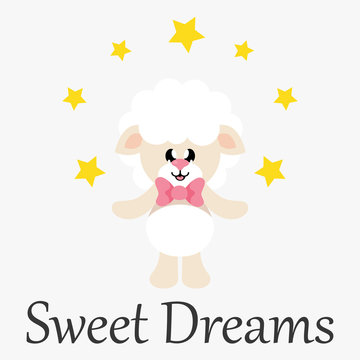 cartoon cute sheep white with tie and with stars and text