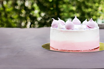 Cake decorated with pink meringues.  Cake for a girl