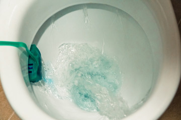 Restroom. Flushing water in the toilet