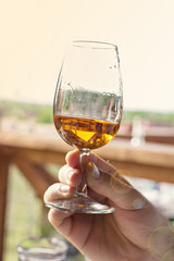 Wine is poured into the glass. Wine tasting.