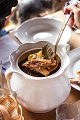 Meat soup. Goulash. Bogach. Tureen with soup with meat.