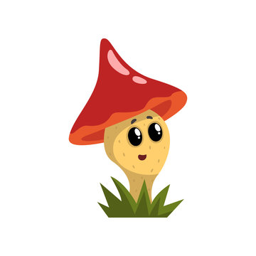 Cute funny mushroom character with red cap and funny face vector Illustration on a white background