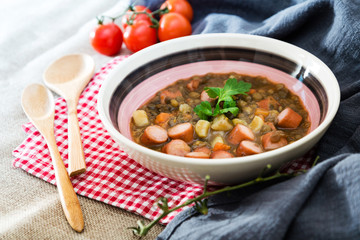 Traditional homemade Sausages with beans soup