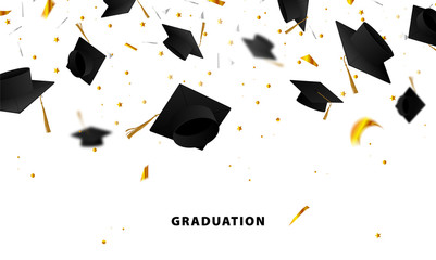 Graduate caps and confetti on a white background. Caps thrown up. Typography greeting, invitation card with diplomas, hat, lettering.