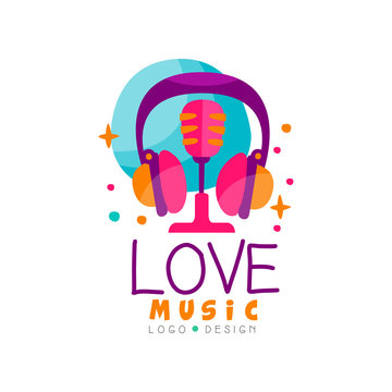 Creative vector emblem with headphones and retro microphone. Logo for music radio station, record studio or mobile app