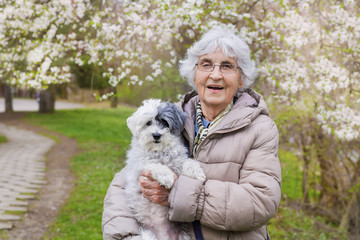 Happy Smiling Senior Woman Hugging her Poodle Dog in a Spring Park