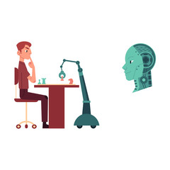 Set of artificial intelligence images of young man and robot playing chess and machine head with digital microchips. Friendly relations between machine and human concept. Flat vector illustration.