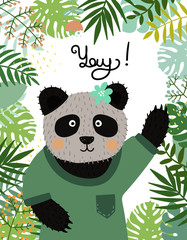 Cute baby panda character. Hand drawn vector illustration. Summer tropical jungle set.