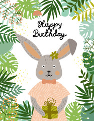Cute baby hare character. Hand drawn vector illustration. Summer tropical jungle set.