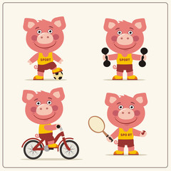 Set of funny pig is engaged in sports. Collection of cartoon pig of the sportsman: football player, with dumbbells, bicyclist, tennis player.