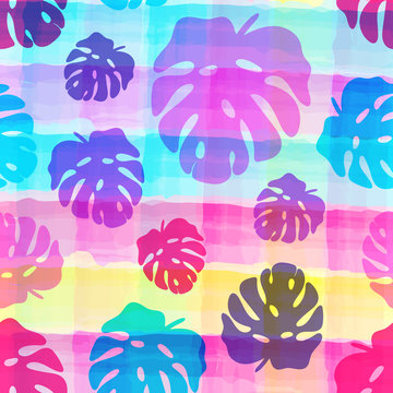 Seamless pattern of tropical leaves on the watercolor stripped background.