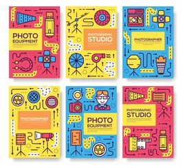 Thin line Equipment of the photographer brochure cards set. Photo studio items template of flyear, magazine, poster, book cover, banners.  Camera invitation concept background. Outline Layout page.