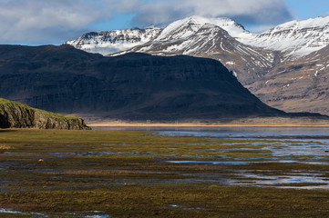 Islanda, la terra dei vichinghi. Paesaggio con montagna sulla palude