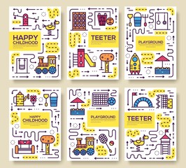 Fototapeta premium Set of thin line kids pattern concept. Art playground field, magazine, book, poster, abstract, banners, element. Vector fun outdoor park outline package greeting card or invitation brochure design