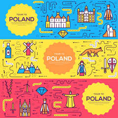 Fototapeta premium Poland vector brochure cards thin line set. Country travel template of flyear, magazines, posters, book cover, banners. Layout culture outline illustrations modern pages