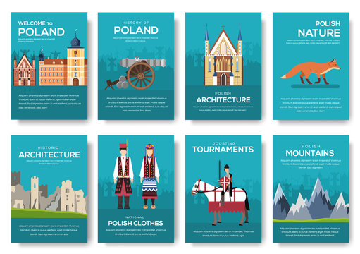 Poland vector brochure cards thin line set. Country travel template of flyear, magazines, posters, book cover, banners. Layout culture outline illustrations modern pages