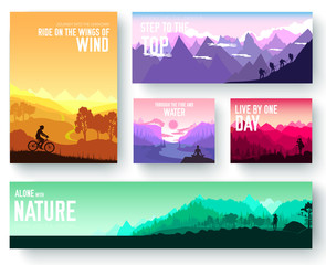 Sports rest day vector brochure cards set.  Tourism on nature template of flyer, magazines, poster, book cover, banners. Active lifestyle invitation concept background. Layout illustration modern page