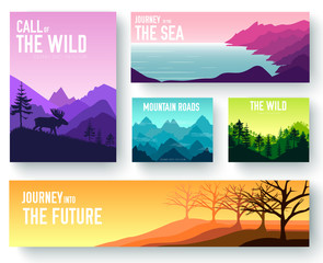 Nature vector brochure cards set. Ecology template of flyer, magazines, poster, book cover, banners. Outdoor invitation concept background. Layout illustration modern page background.