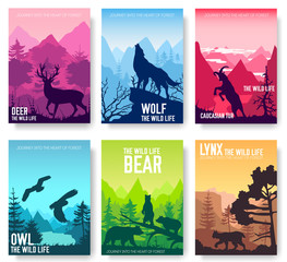 Wild life in nature vector brochure cards set. Animals template of flyear, magazines, poster, book cover, banners. Habitat invitation concept background. Layout illustration modern page