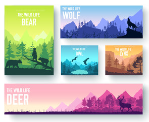 Wildlife in nature vector brochure cards set. Animals template of flyer, magazines, poster, book cover, banners. Habitat invitation concept background. Layout illustration modern page