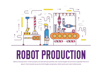 People working on robots assembly line vector outline concept. Robotic production thin line illustration. Banner with typography slogan text design.  © chocostar