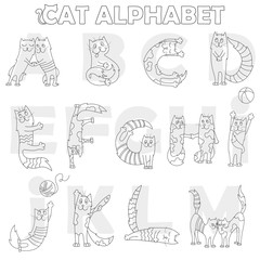 Latin alphabet, part 1 ,from A to M, funny cartoon cat in the form of letters,coloring book with dark outlines on a white background