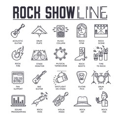 Thin line stage with different music instrunents and equipment for plating rock'n'roll concept.  Vector flat outline festival on rock concert design illustration