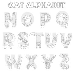 Latin alphabet part 2, from N to Z, funny cartoon cat in the form of letters,coloring book with dark outlines on a white background