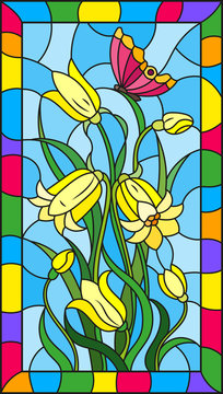 Illustration in stained glass style with leaves and bells flowers, yellow flowers and butterfly on sky background in a bright frame 