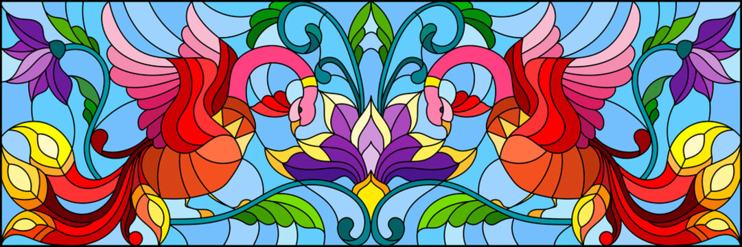 Illustration in stained glass style with abstract red birds and purple flowers on a light background , mirror, horizontal image