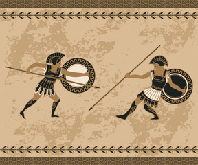 Ancient greek background with fighting people and ornament. Traditional ethnic design. Vintage vector illustration 