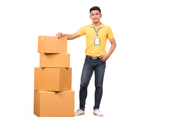 delivery asian man. Happy young courier holding  box and smiling on white background