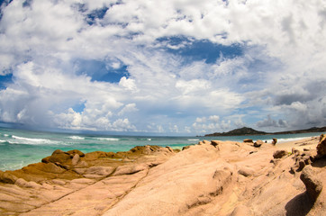 Obraz premium Scenics from the bay of Cabo Pulmo, where the desert meets the sea, Baja California sur Mexico.