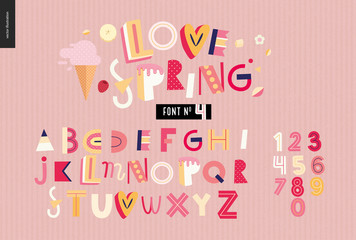 Kids flat alphabet set - Love spring latin font - letters and digits