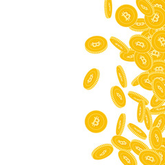 Bitcoin, internet currency coins falling. Scattered big BTC coins on white background. Symmetrical scatter right gradient vector illustration. Jackpot or success concept.