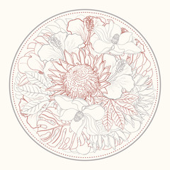 Tropical flowers in form of circle in sketch line style isolated on white background. Vector floral composition. Pastel illustration of hand drawn natural element with exotic blooms.
