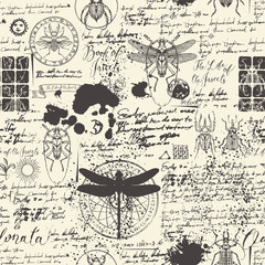Vector seamless abstract background with insects in retro style. Beetles, dragonflies, ink stains, doodles and handwritten inscriptions on the old manuscripts. Can be used as Wallpaper, wrapping paper