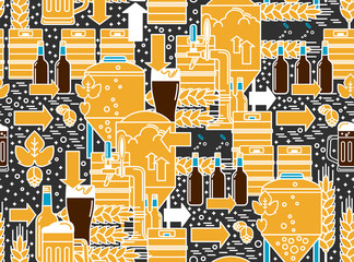 Beer tap, mug, glass with beer, kegs, bottles, equipment for brewery, hops, wheat. Linear seamless pattern on a dark background. Design element for flyer, brochure, website of the brewery, pub, bar. 
