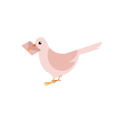 Postal dove carrying letter in his beak isolated on white background. Flat cartoon vector illustration of post pigeon delivering envelope. Courier and shipping symbol of bird bringing message.