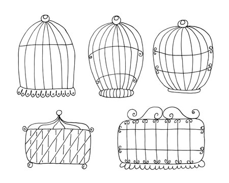 Hand drawn Set with vintage bird cage. vector print