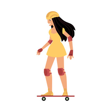 Skateboarding young girl with sports protection isolated on white background. Summer activity concept - cartoon female character with long black hair skating, vector illustration.