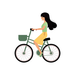 Fototapeta na wymiar Young girl riding urban bicycle with basket isolated on white background. Summer activity concept - cartoon female character with long black hair pedaling, vector illustration.