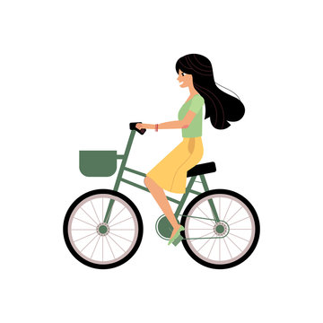 Young girl riding urban bicycle with basket isolated on white background. Summer activity concept - cartoon female character with long black hair pedaling, vector illustration.