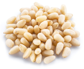 Pine nuts on the white background. Organic food.