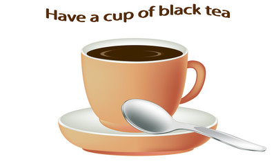 Black tea. Cup of hot tea isolated on white background. Black tea in a porcelain cup. Vector illustration.