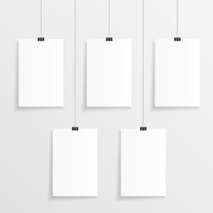 Five hanging blank paper with clips and string in vertical direction. Empty 5 step infographic illustration.